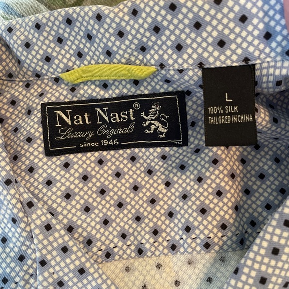 NAT NAST Size Large 100% Silk Camp Shirt MCM vibes  White / Blue Print SOPRANOS - Picture 10 of 15